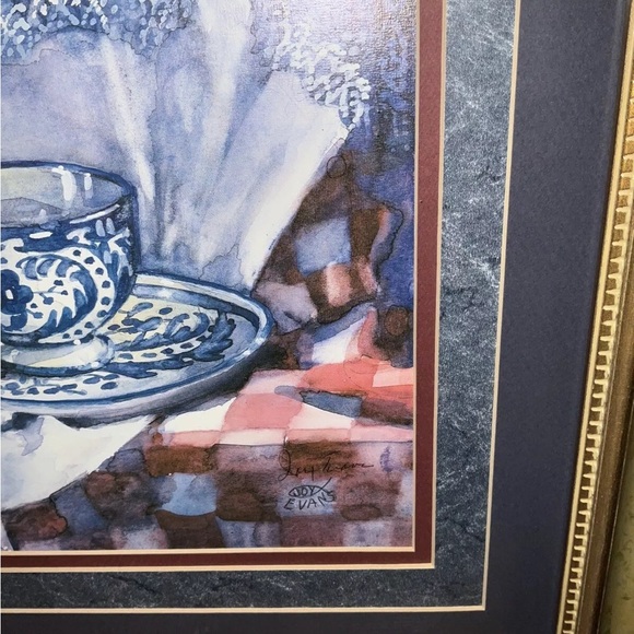 Vintage Joy Evans Blue Porcelian Tea Cup Signed, Framed & Matted Print 🍎 - Picture 8 of 9